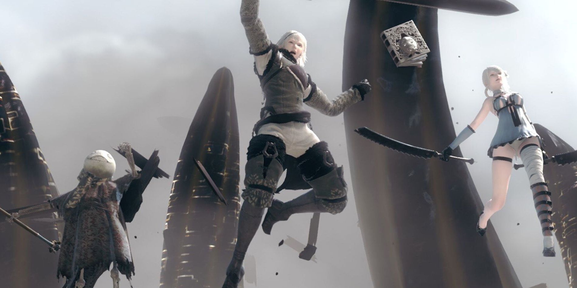 Nier-Replicant---Nier-Emil-and-Kaine-All-Jumping-Away-From-Louise-Together-1