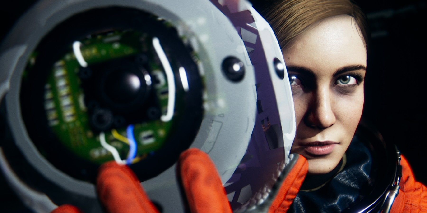An close up of a woman astronaut holding a robot that looks like an eye in Observation