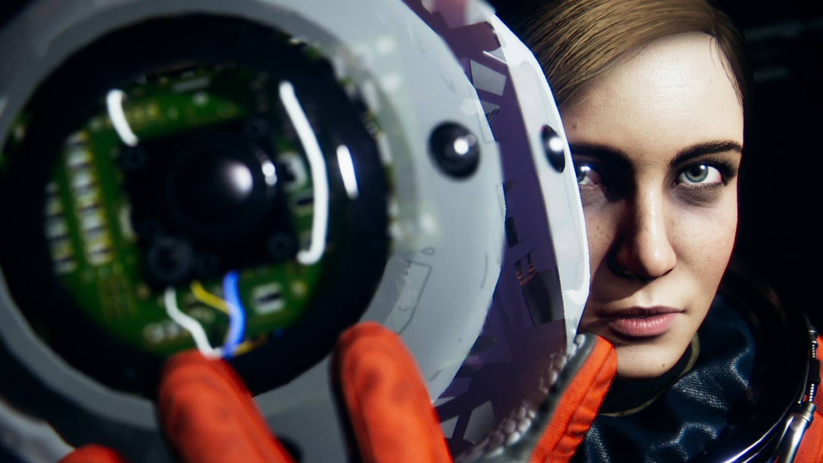 An close up of a woman astronaut holding a robot that looks like an eye in Observation