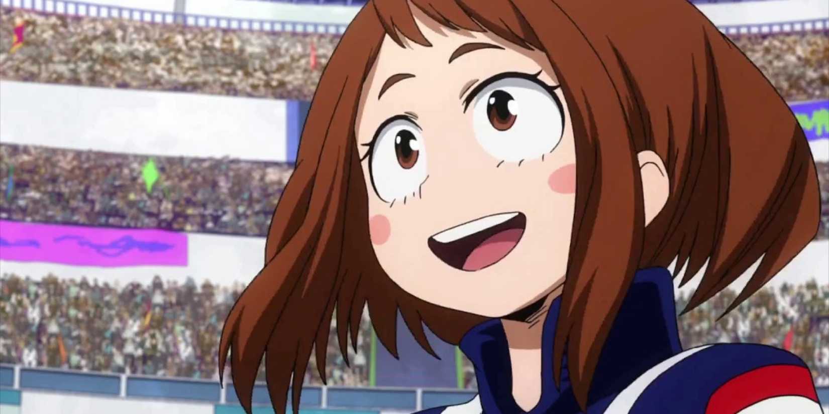 Ochako Uraraka smiling while being surrounded by crowd
