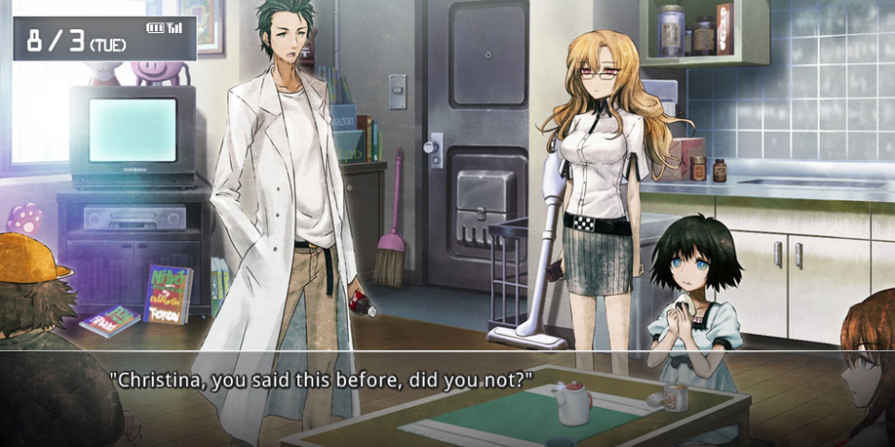 Okabe Rintarou and his friends in the Steins Gate VN