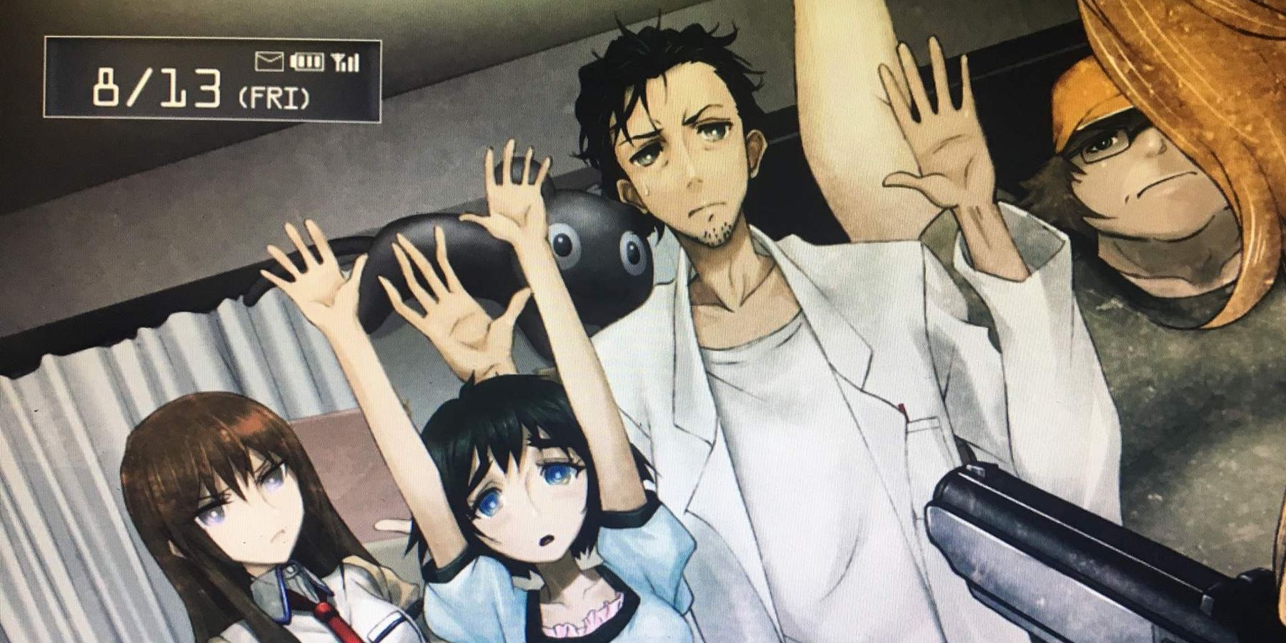 Okabe Rintarou in a stressful situation in the Steins Gate VN