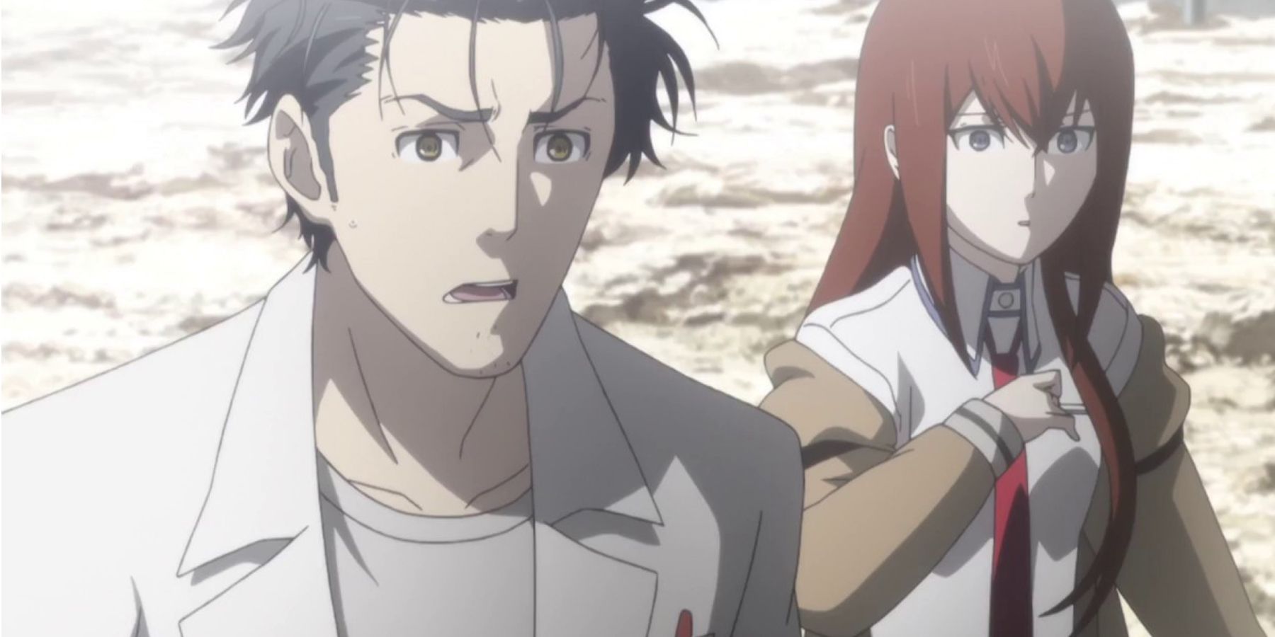 Okabe and Kurisu in a shocking moment in the Steins Gate anime