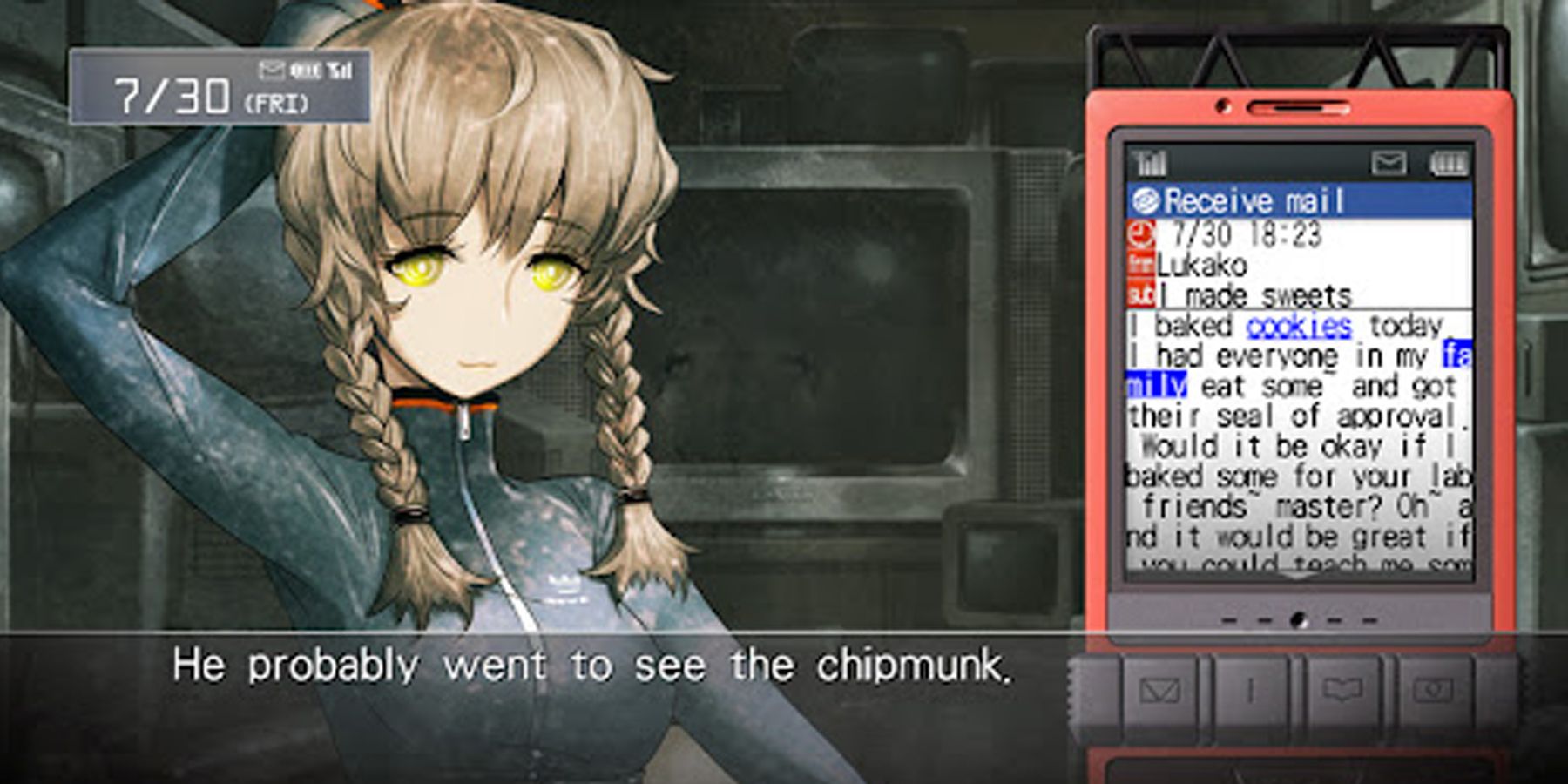 Okabe reading a text while talking to a character in the visual novel