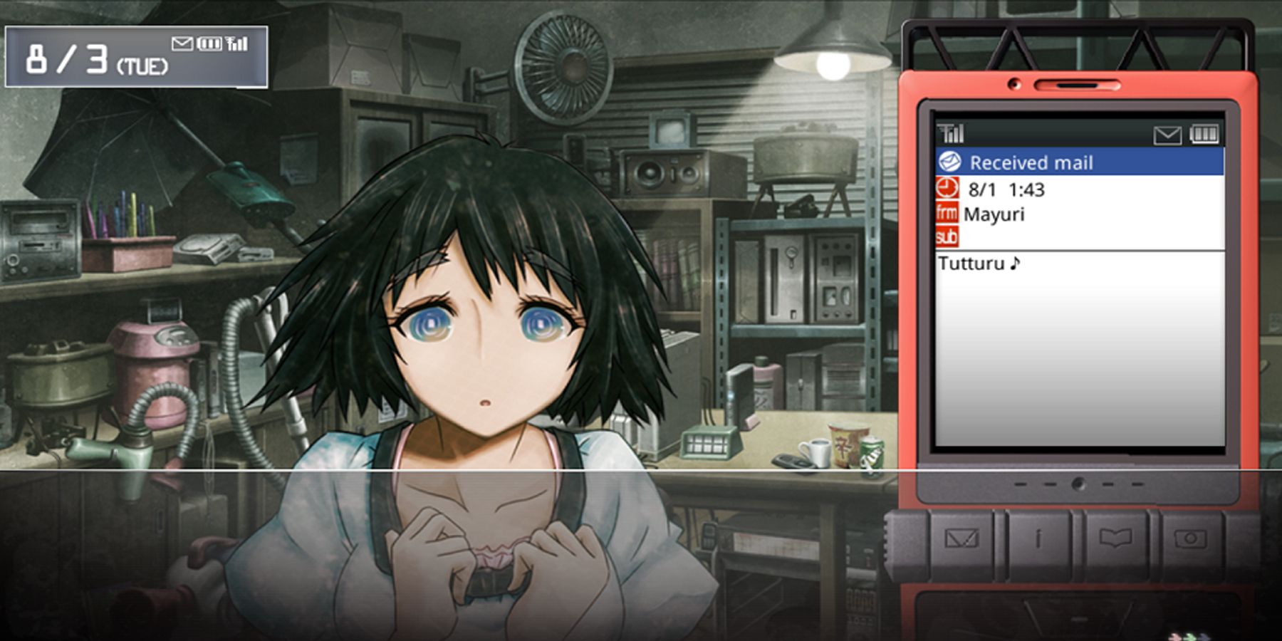 Okabe receiving a text in the Steins Gate visual novel