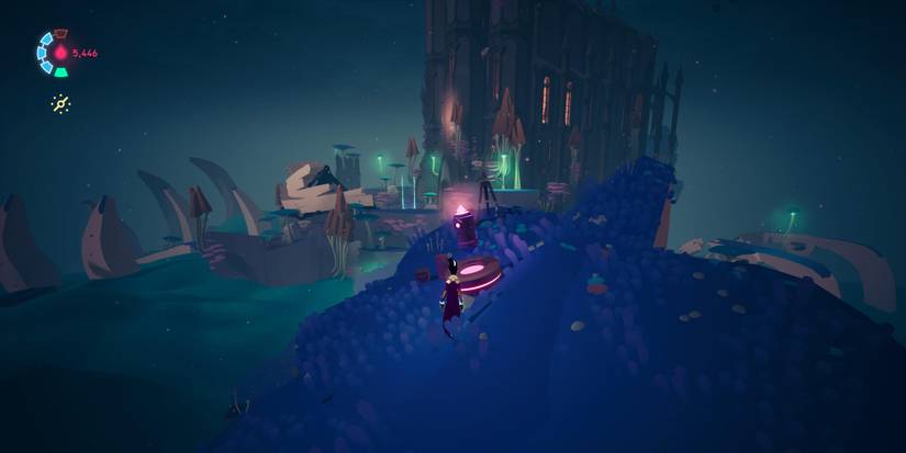 rei standing on a platform high in the air facing a small, cylindrical diode with the rest of the gloomy environment in the distance