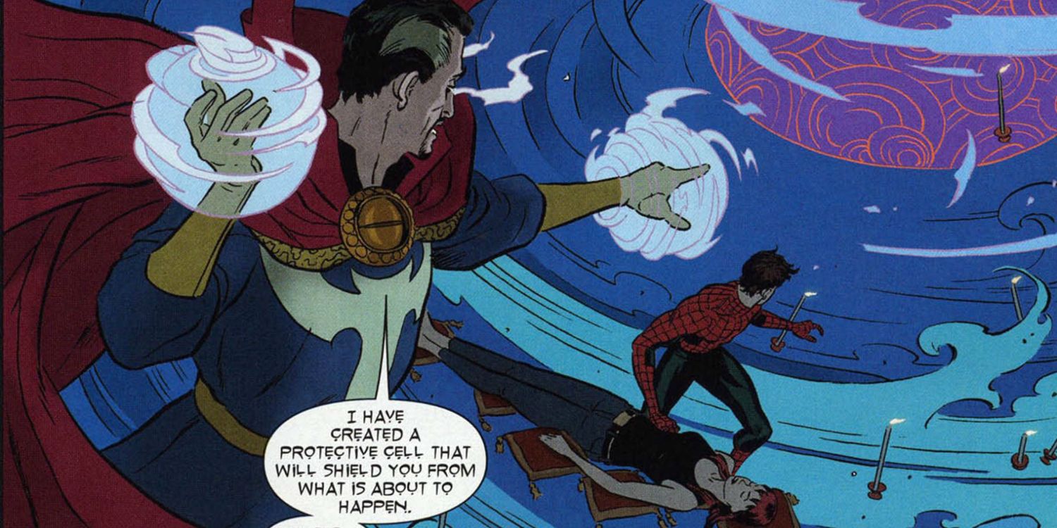 doctor strange points toward a purplish shell behind spider-man and a prone mary jane