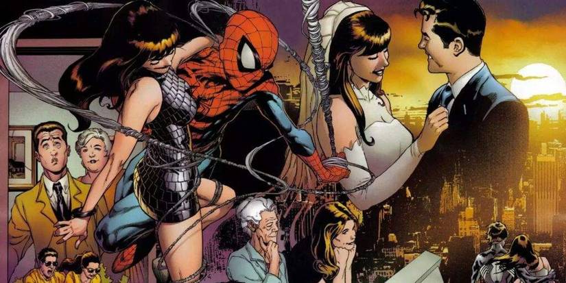 a collage of different moments throughout Spider-Man's life, including his wedding to Mary Jane Watson