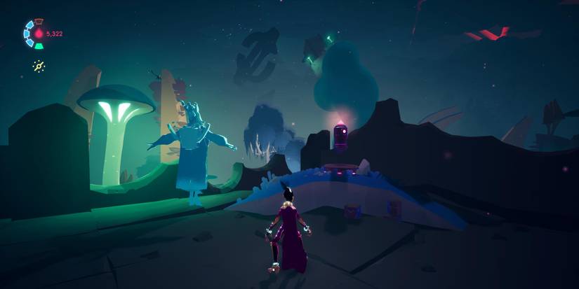 Rei standing on a crumbling roof with a gray and pink floating cache and a blue holographic person