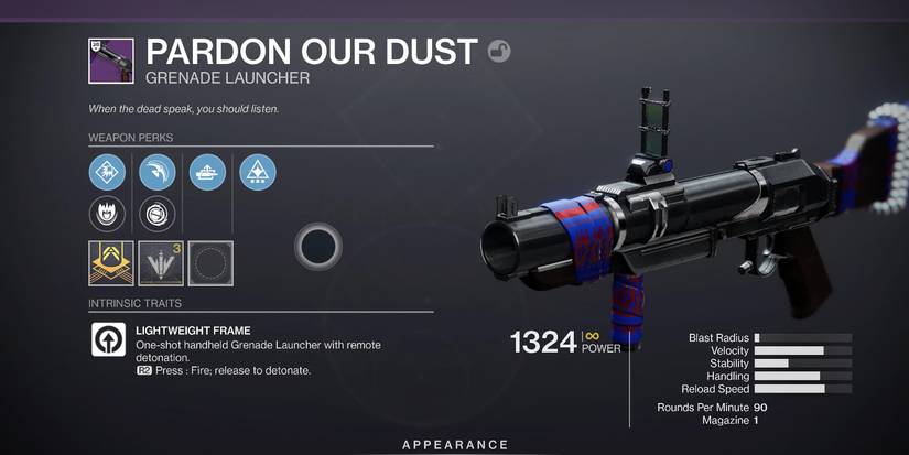 a gun menu screen with square information tiles on the left and a snub-nosed, round-barreled, black grenade launcher on the right