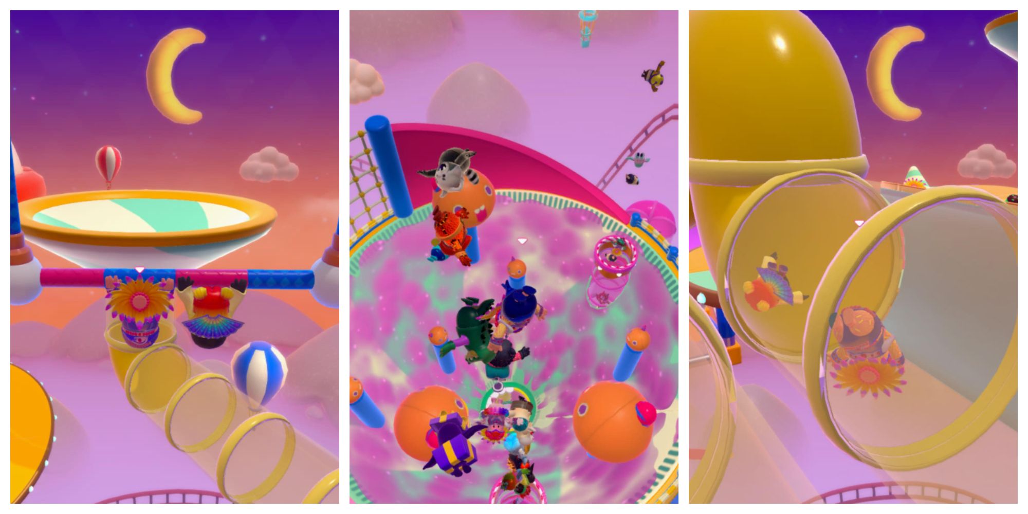 two fall guys on a trapeze swing; fall guys falling toward a large, purple and green funnel; two fall guys moving through a yellow, transparent pipe
