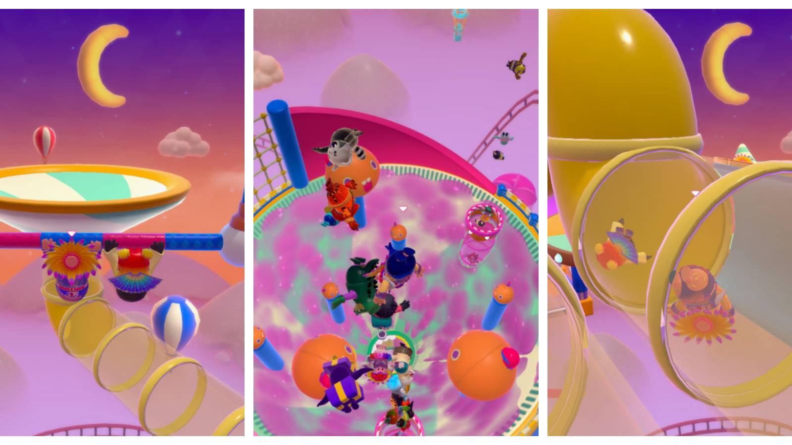 two fall guys on a trapeze swing; fall guys falling toward a large, purple and green funnel; two fall guys moving through a yellow, transparent pipe