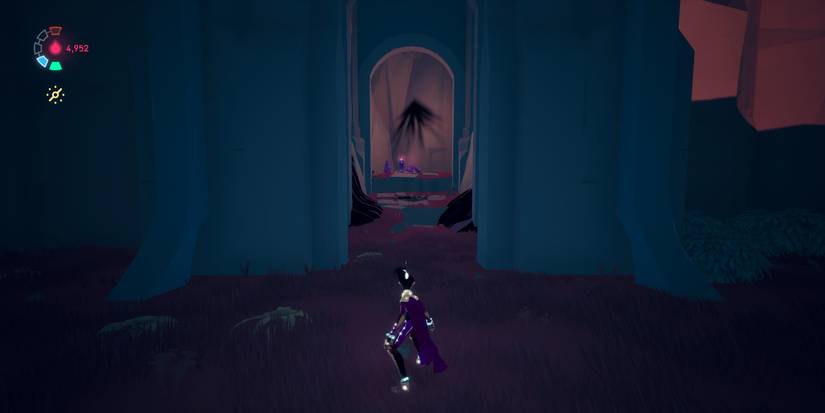 rei in a purple outfit standing before a tall door to a deep room with a small, pink light at the back 