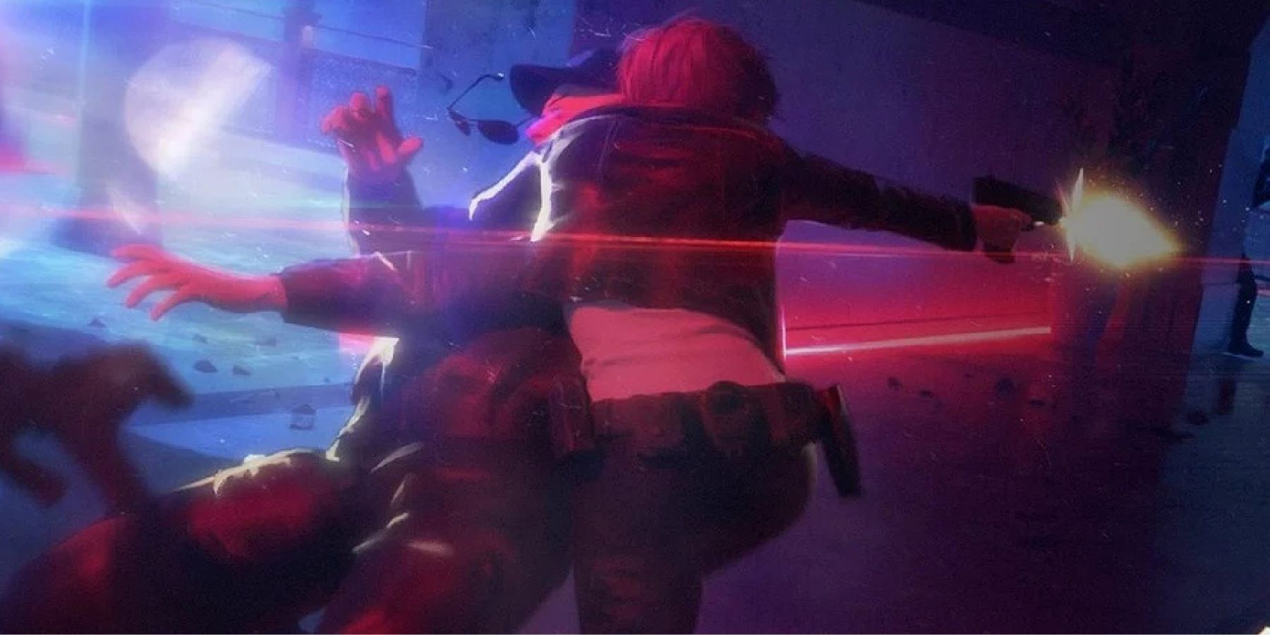 Joanna Dark grappling a guard and firing a pistol in art for the Perfect Dark remake
