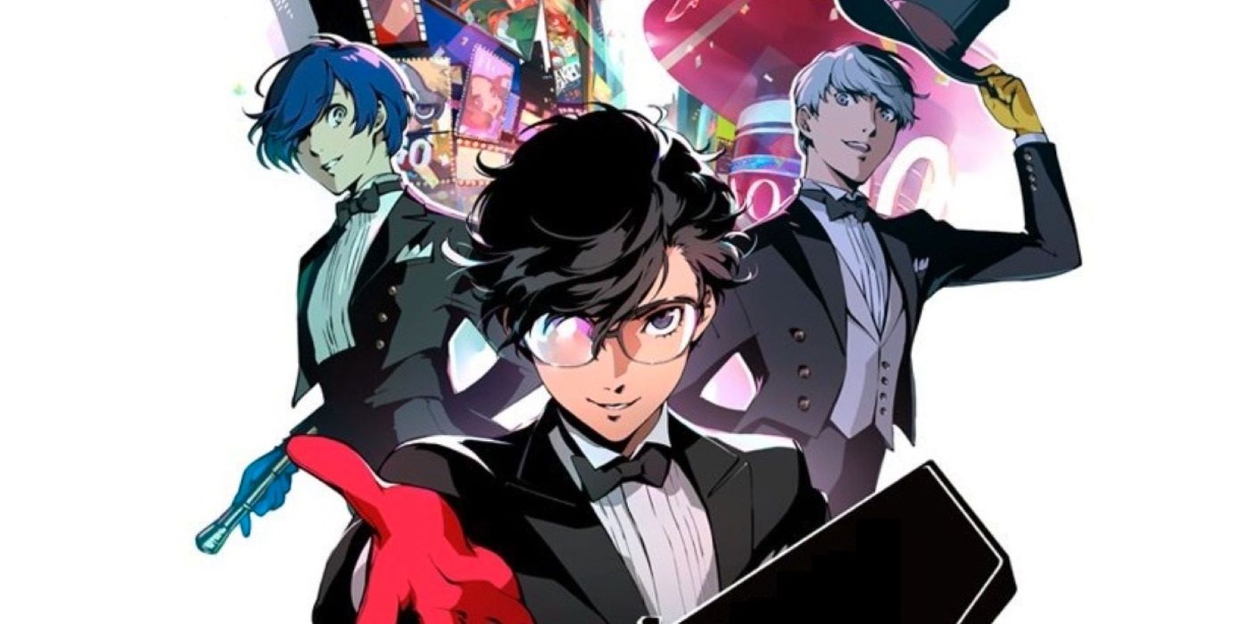 The protagonists of Persona 3, Persona 4, and Persona 5 wearing tuxedos