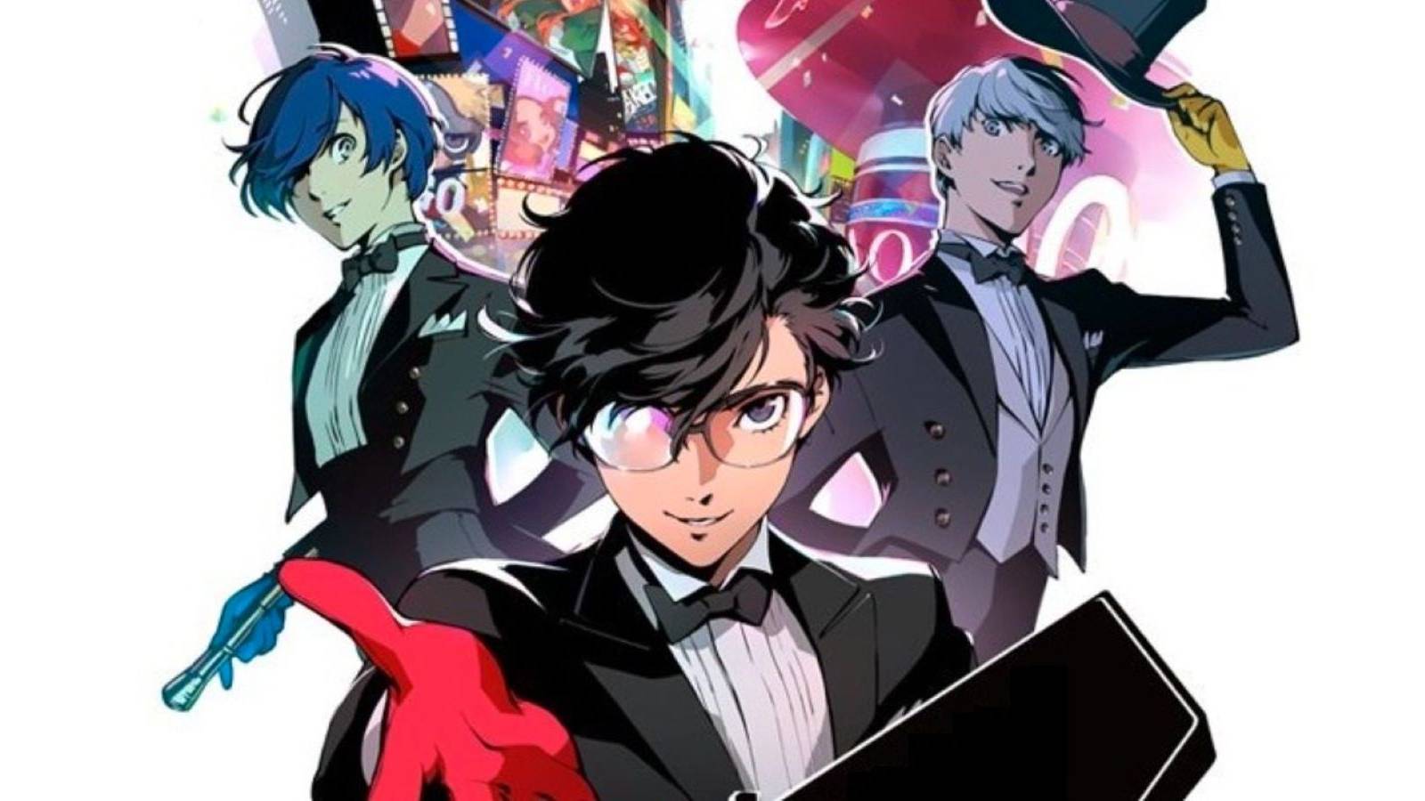 The protagonists of Persona 3, Persona 4, and Persona 5 wearing tuxedos