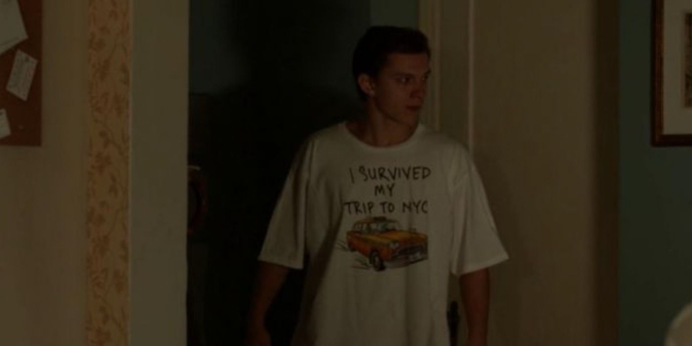 Peter wears an "I survived my trip to NYC" tee in Spider-Man: Homecoming