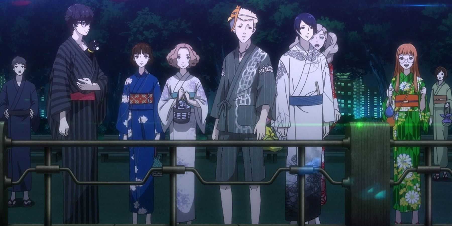 The Phantom Thieves standing by a railing and wearing yukatas during a cutscene from Persona 5 Strikers