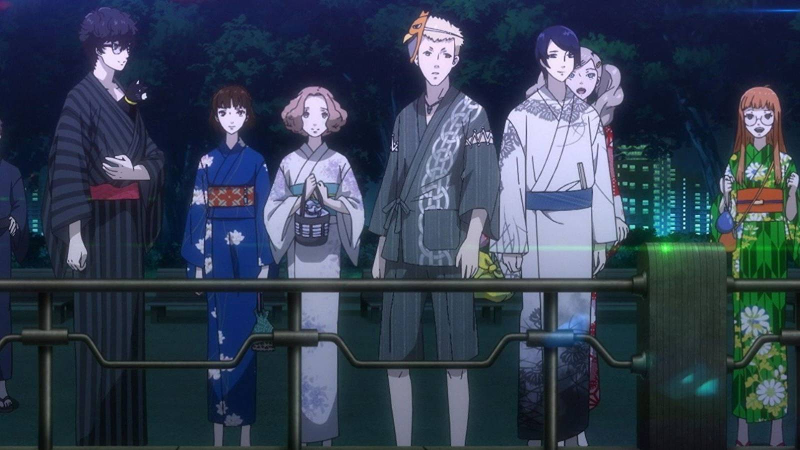 The Phantom Thieves standing by a railing and wearing yukatas during a cutscene from Persona 5 Strikers