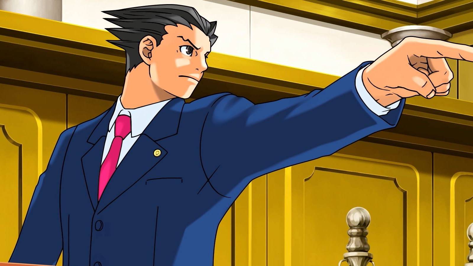Phoenix Wright pointing to someone off-screen in the court room.