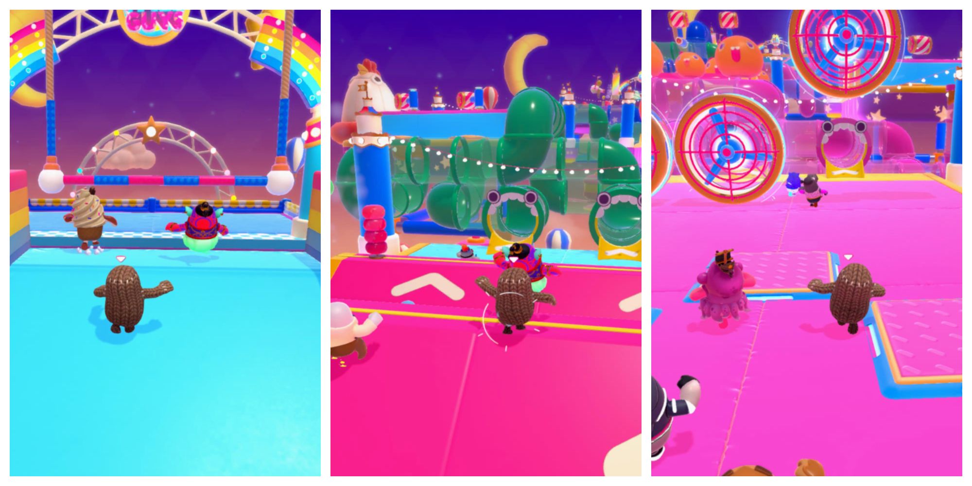 a fall guy bean running up a ramp to a swinging trapeze bar; a fall guy bean running over a pink ramp; a fall guy bean running toward a row of industrial fans 