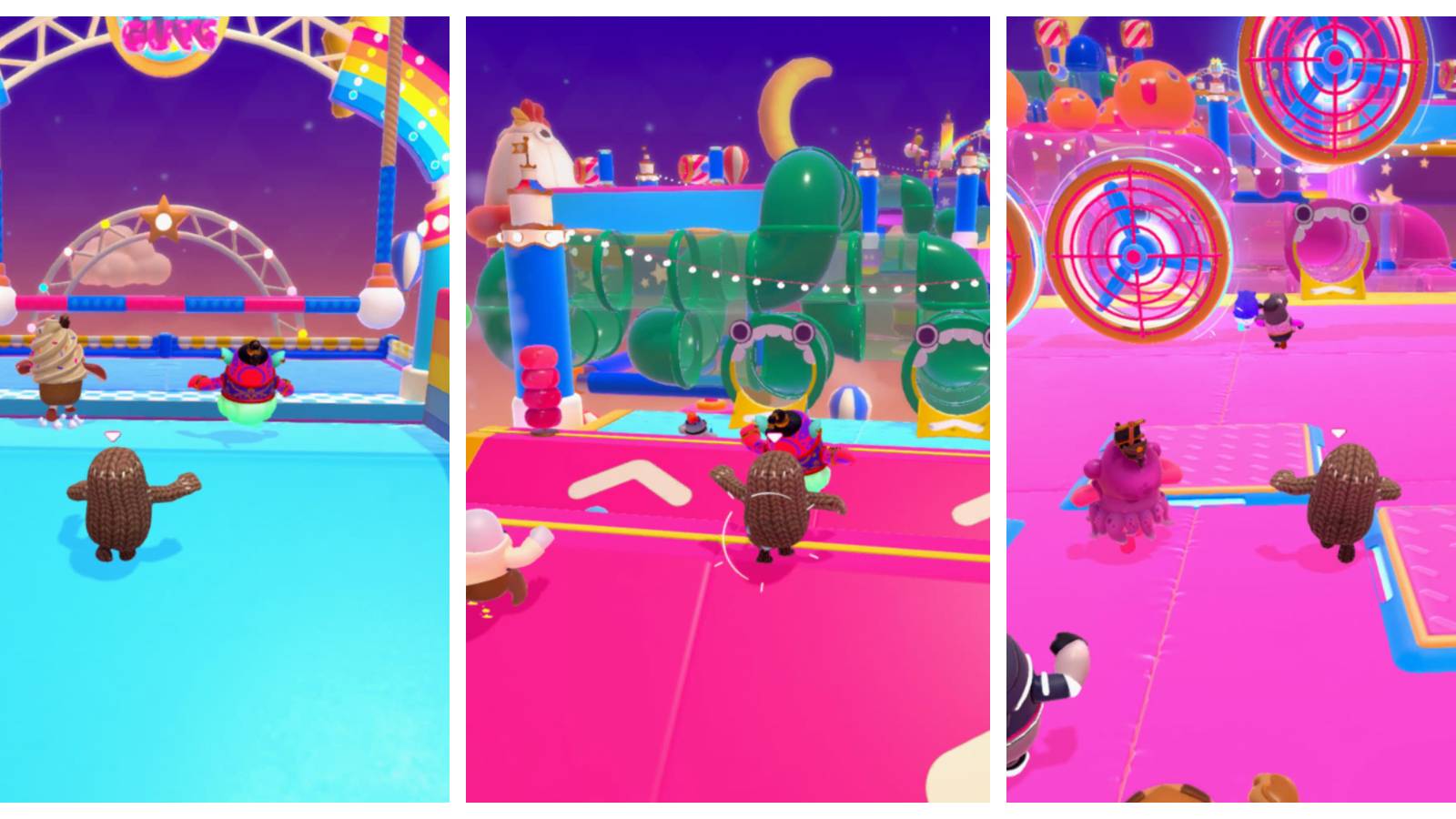 a fall guy bean running up a ramp to a swinging trapeze bar; a fall guy bean running over a pink ramp; a fall guy bean running toward a row of industrial fans 