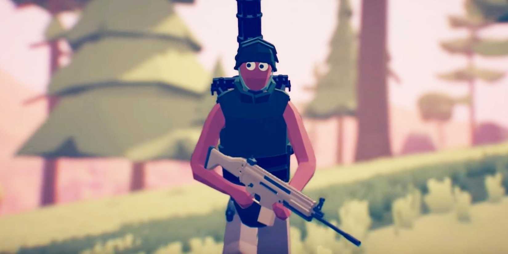 A player armed up in Totally Accurate Battlegrounds