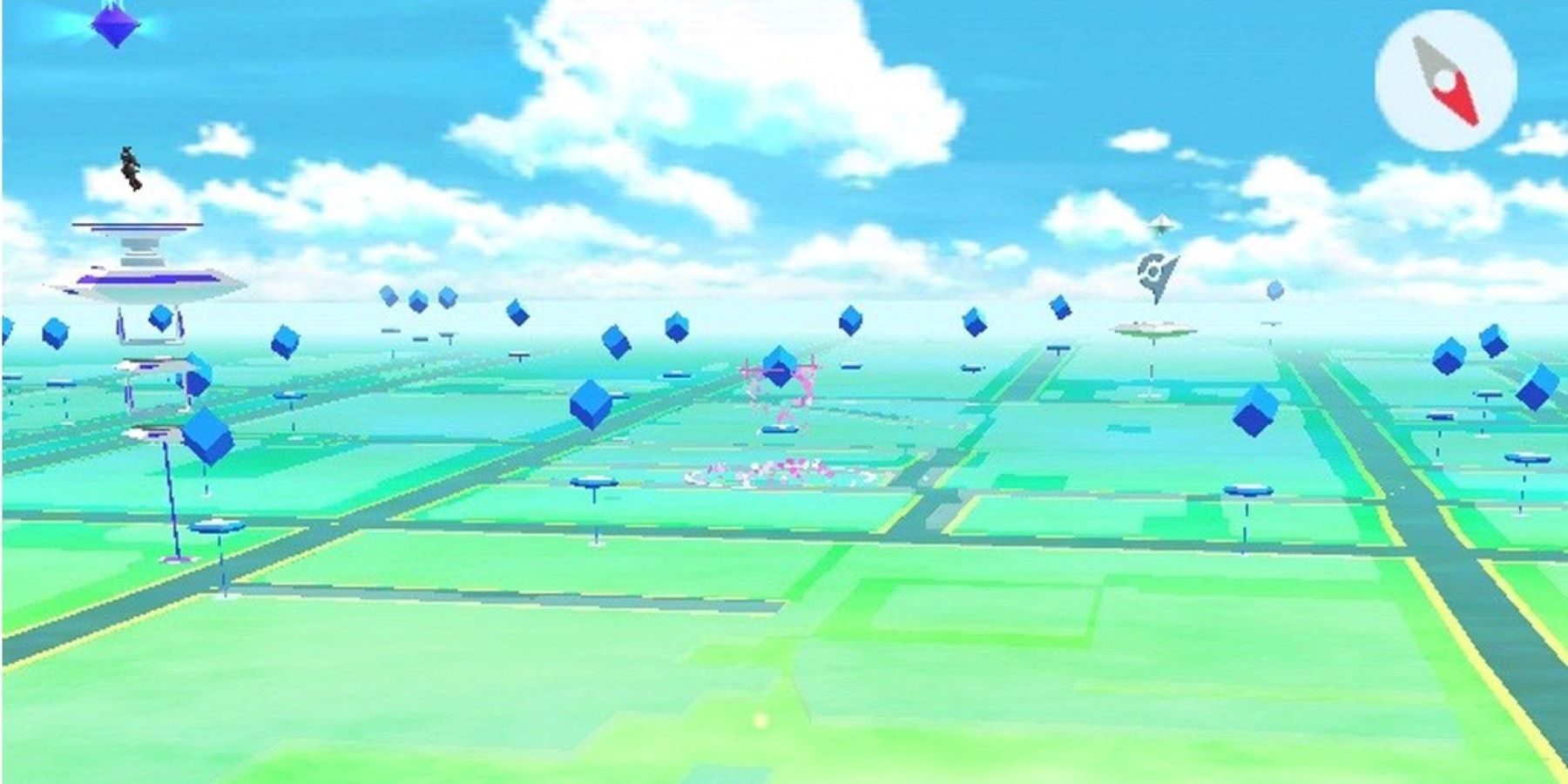 A Pokemon GO screenshot with many PokeStops and two Gyms visible