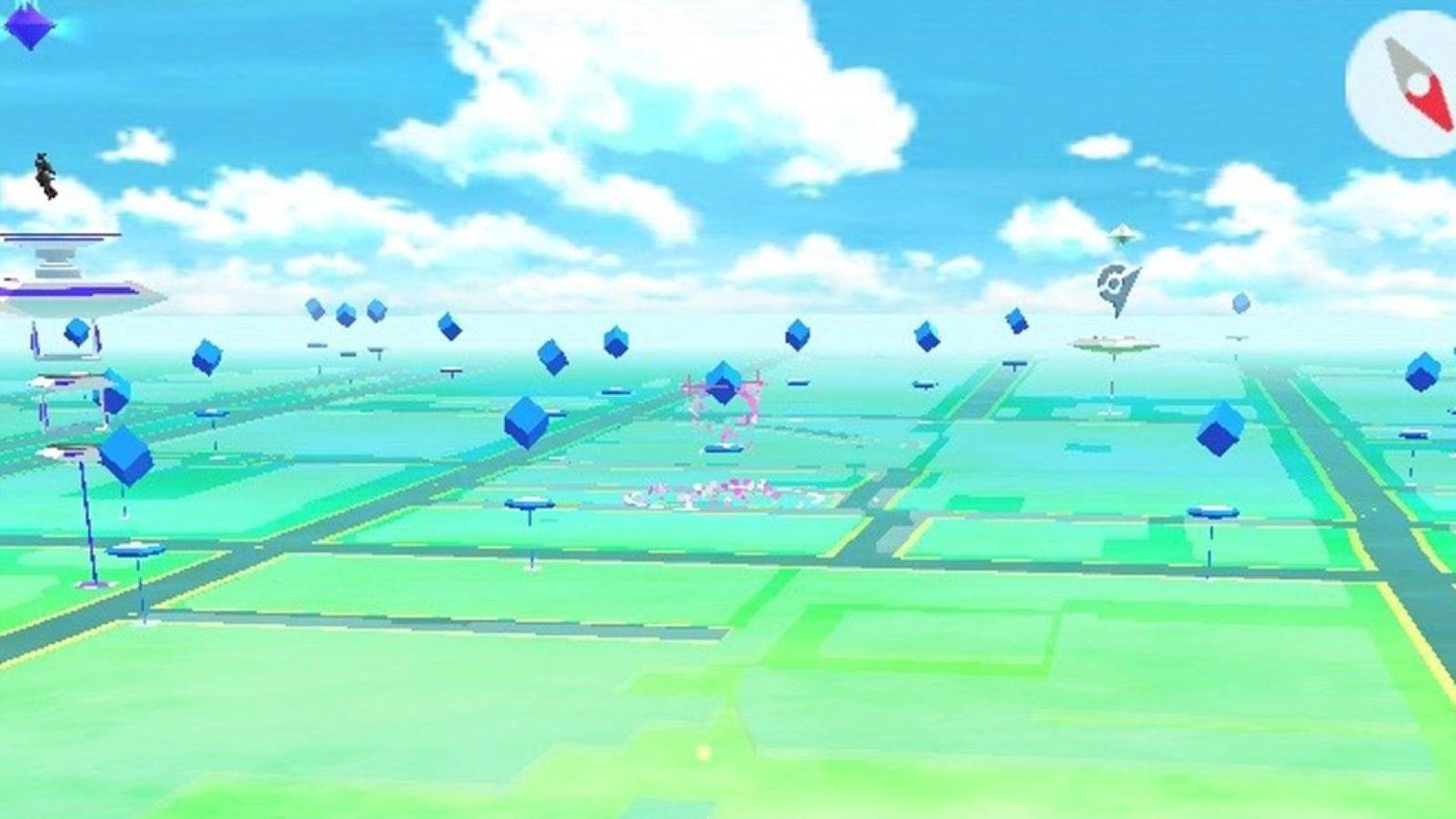 A Pokemon GO screenshot with many PokeStops and two Gyms visible