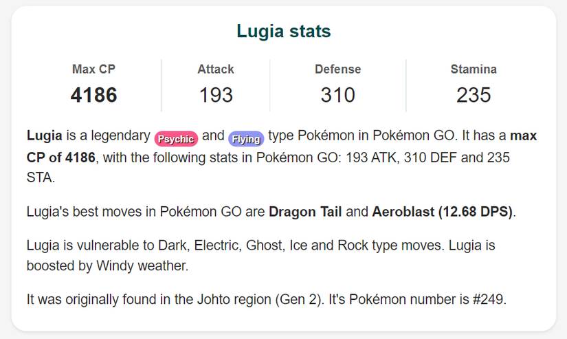 Pokemon GO Lugia Stats