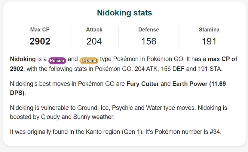 Pokemon GO Nidoking Stats