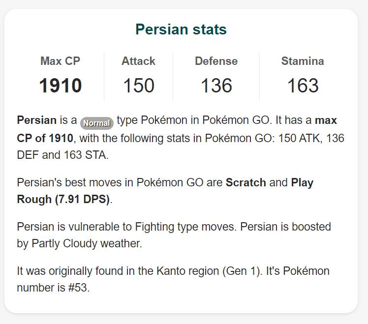 Pokemon GO Persain Stats