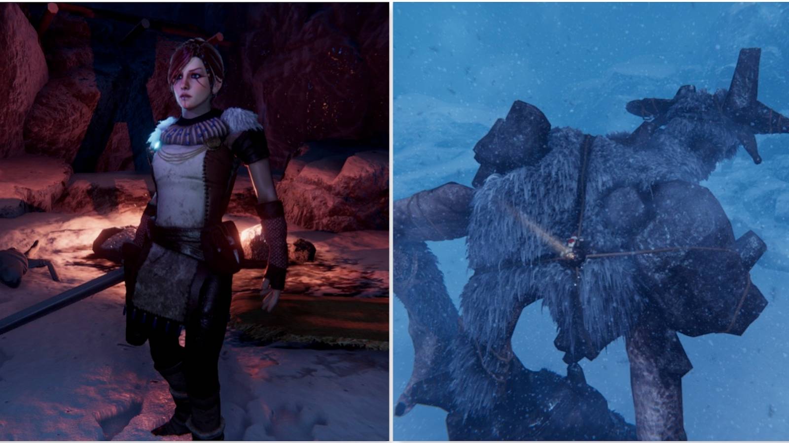 The main character and fighting a boss in Praey for the Gods