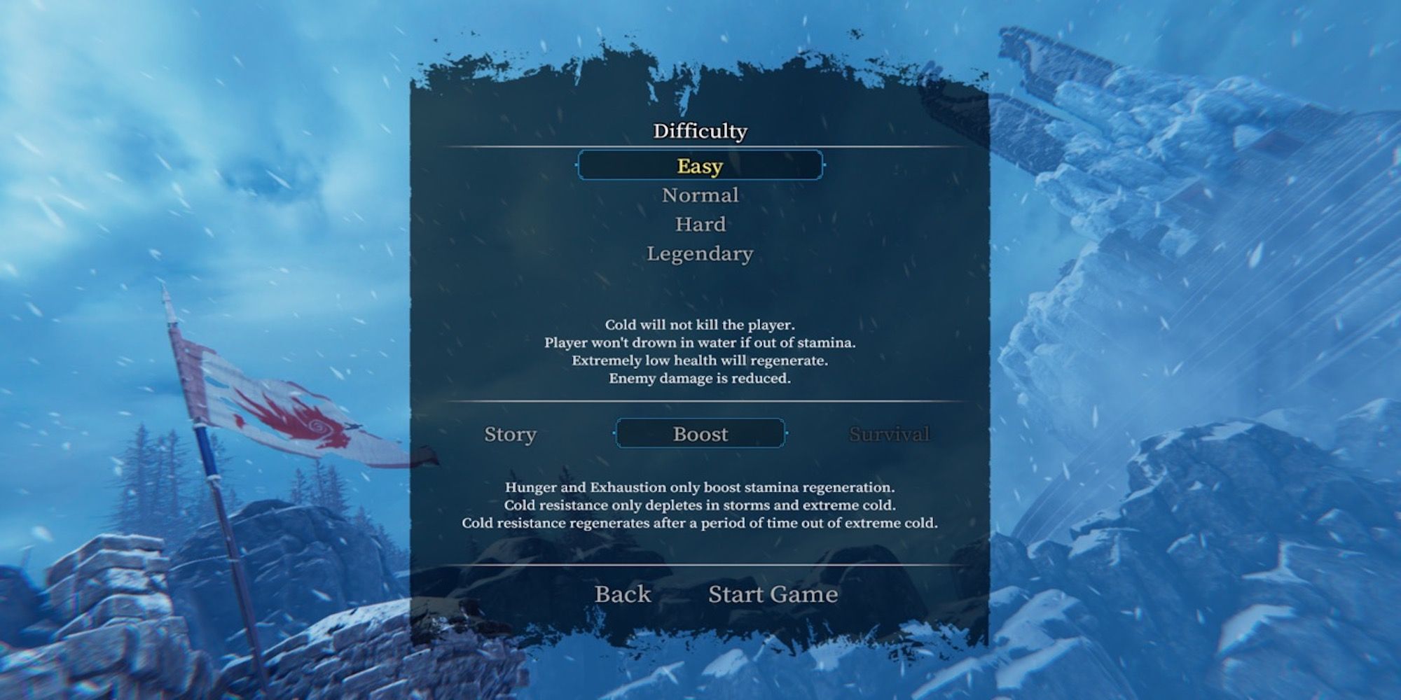 The difficulty menu from Praey for the Gods