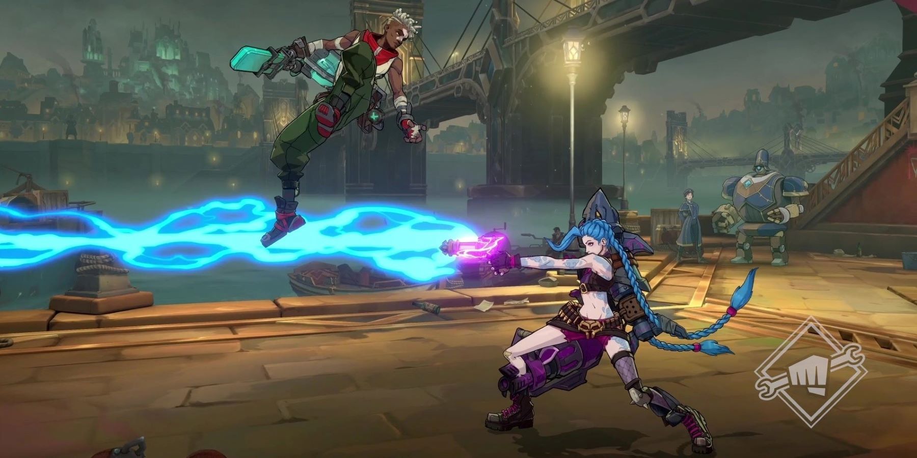 Ekko jumping over a blast from Jinx's zapper on a Piltover stage in Riot Games' Project L