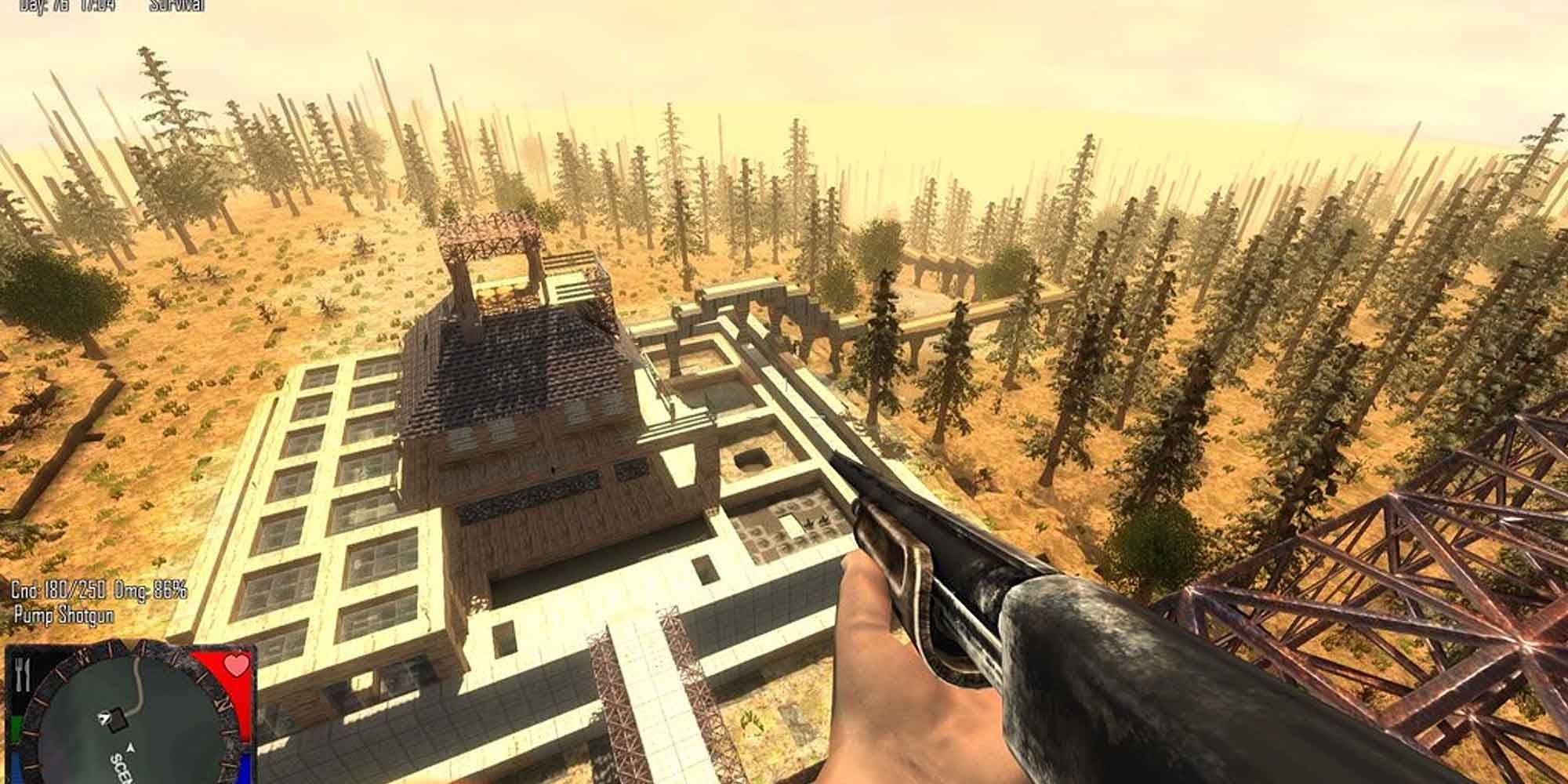 Overlooking a fortress with a Pump Shotgun in 7 Days to Die