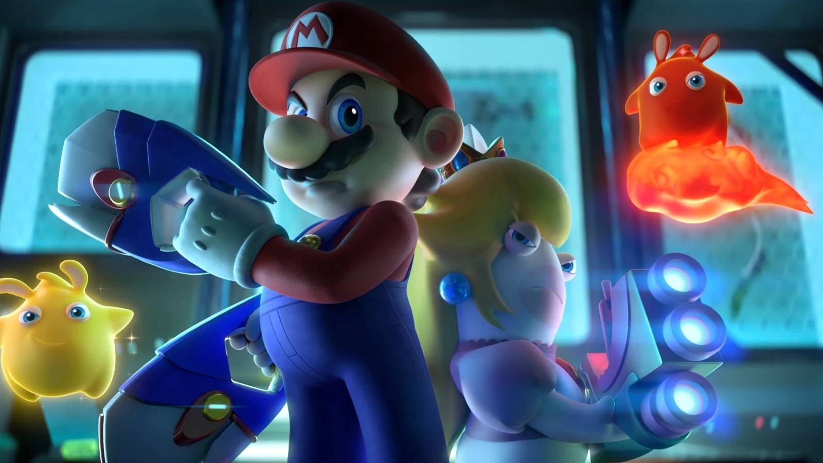 Mario + Rabbids: Sparks of Hope's Mario and Rabbid Peach standing back to back and holding guns, with two Sparks in the background