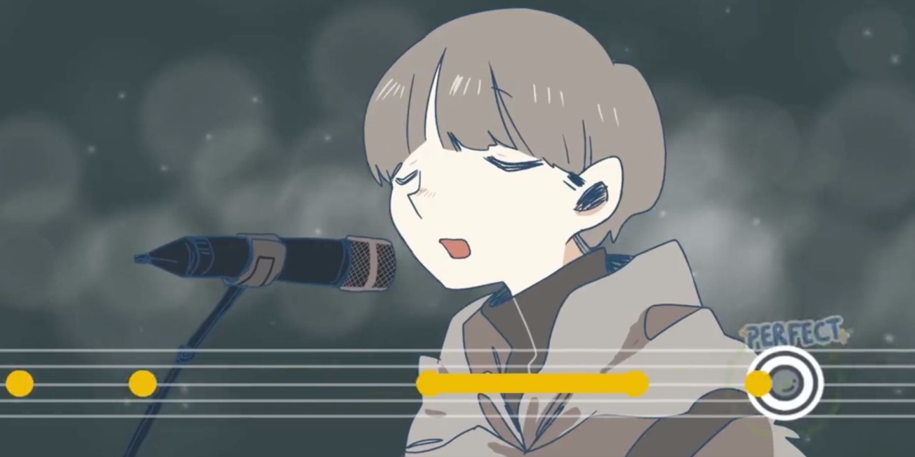Rama singing into a microphone during a rhythm game section of Afterlove EP