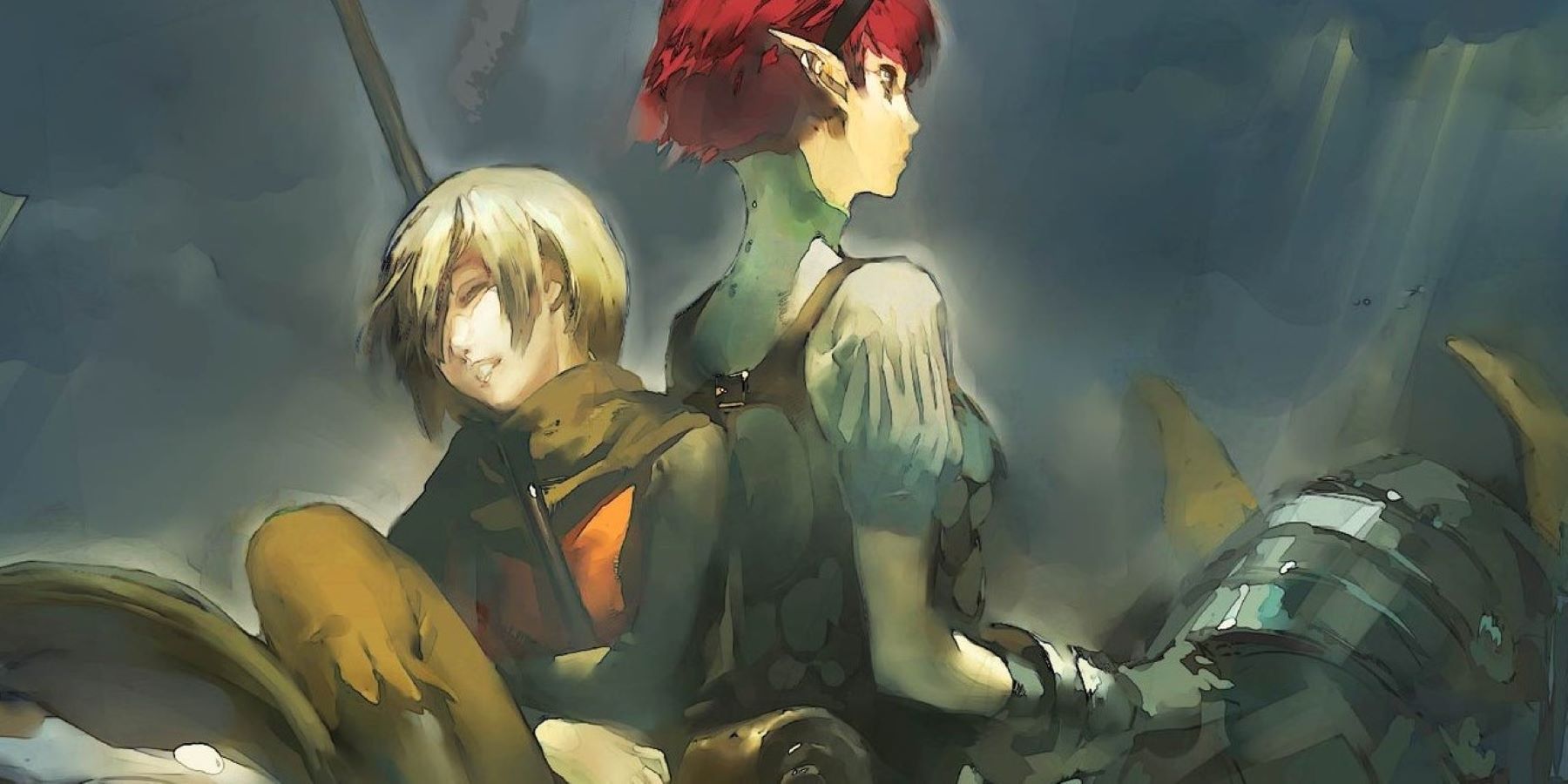 Concept art for Project Re Fantasy showing a red-haired knight and a blond person on horseback under cloudy skies