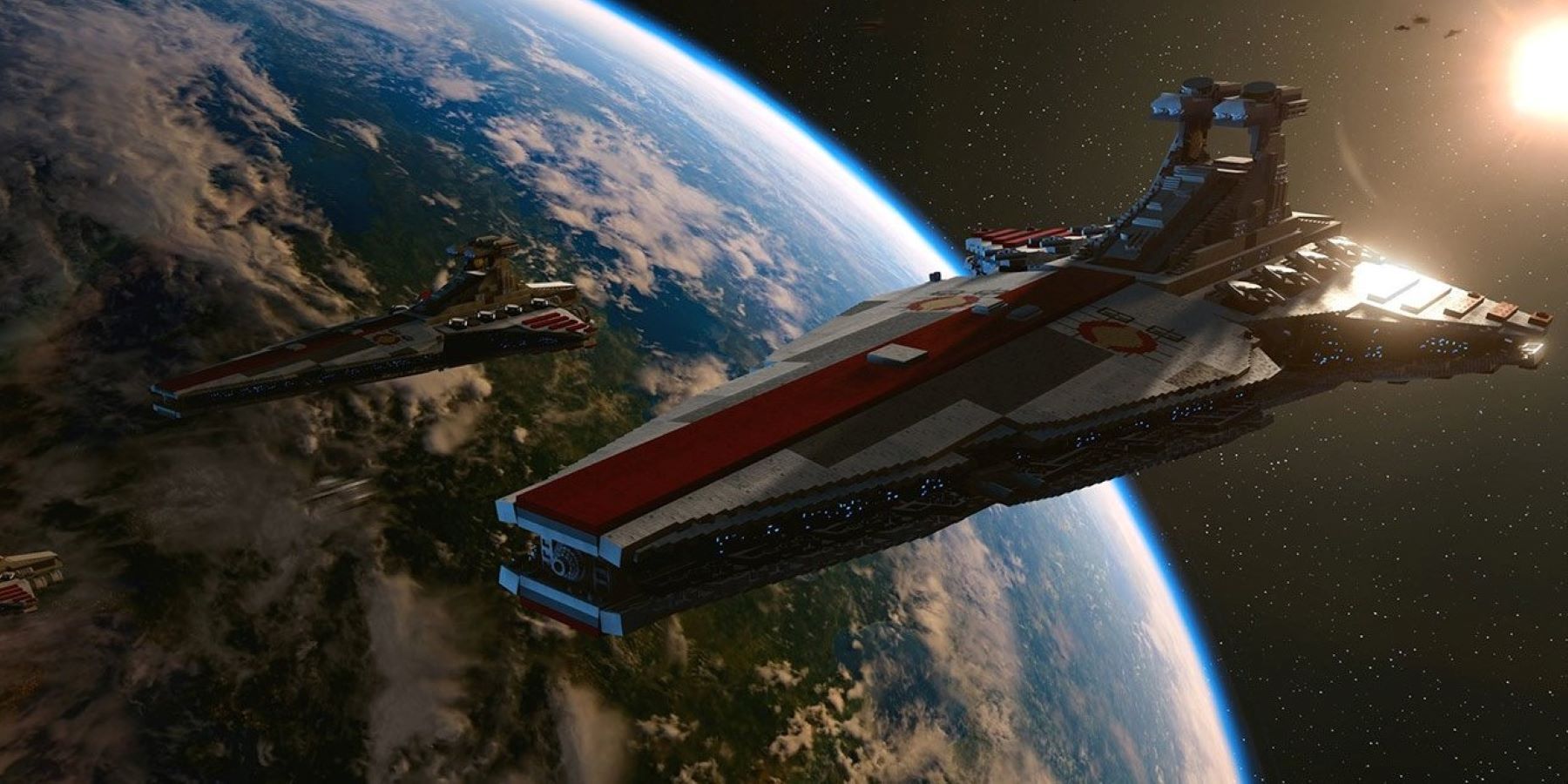 Two Republic battleships hovering in outer space over a planet in the LEGO Star Wars: The Skywalker Saga overworld