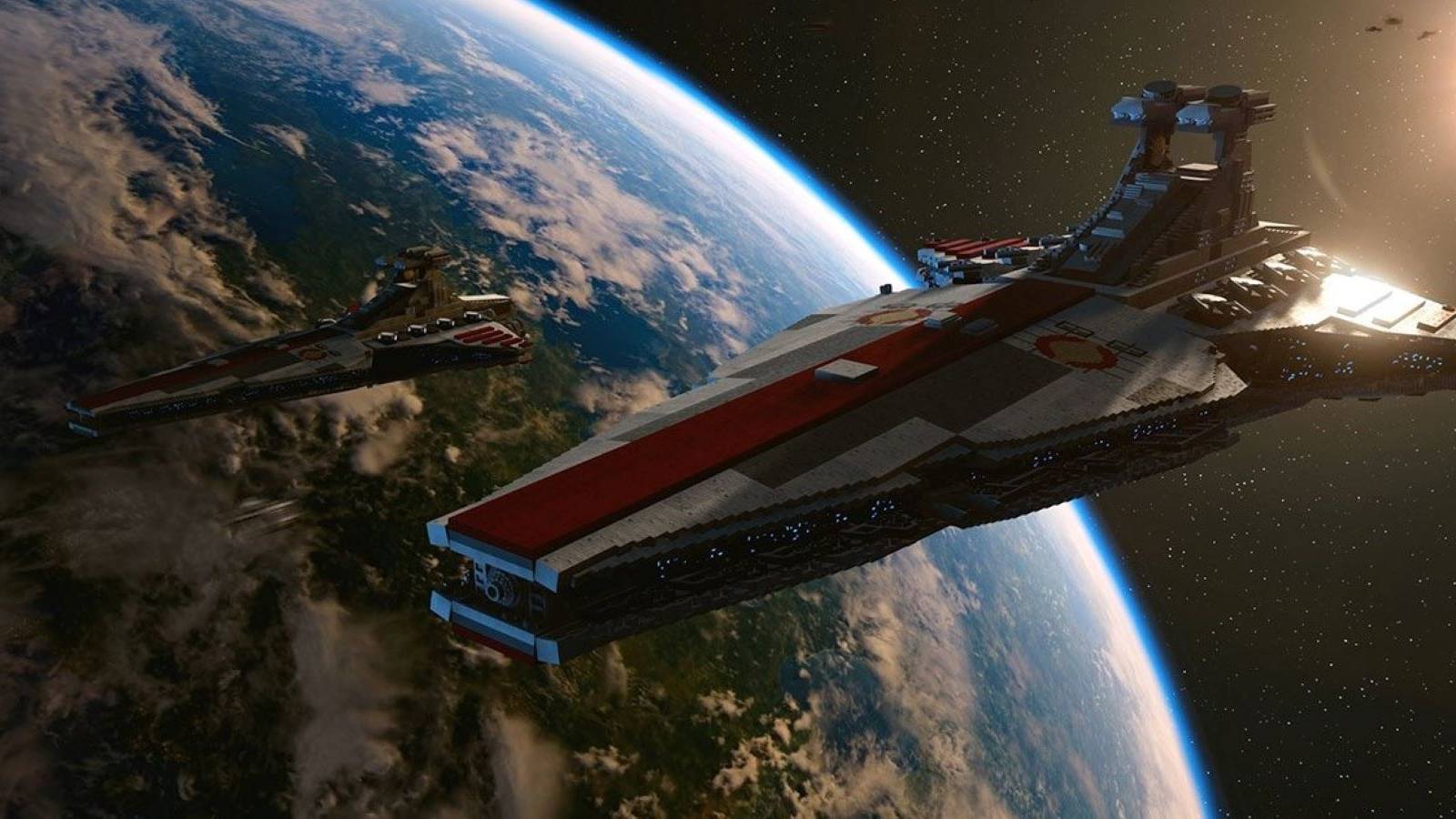Two Republic battleships hovering in outer space over a planet in the LEGO Star Wars: The Skywalker Saga overworld