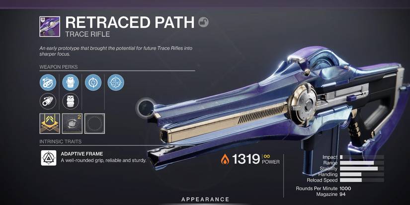 A gun menu screen with multiple boxes of gun information around a metallic, blue and gold, futuristic-looking gun 