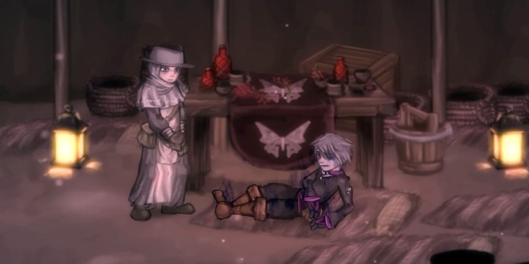 A player character in Salt and Sacrifice waking up in a camp with a cleric NPC looking over them