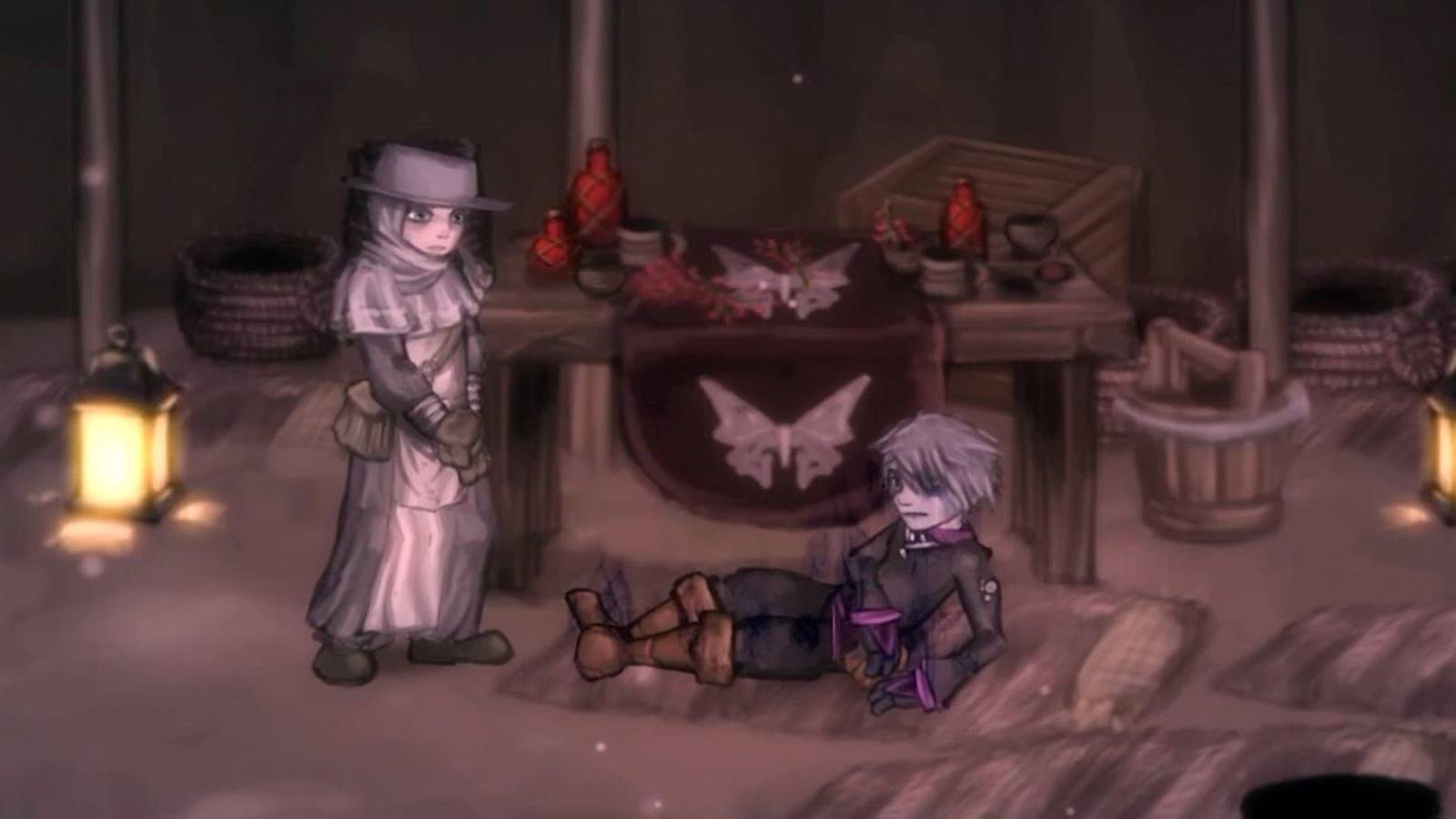 A player character in Salt and Sacrifice waking up in a camp with a cleric NPC looking over them