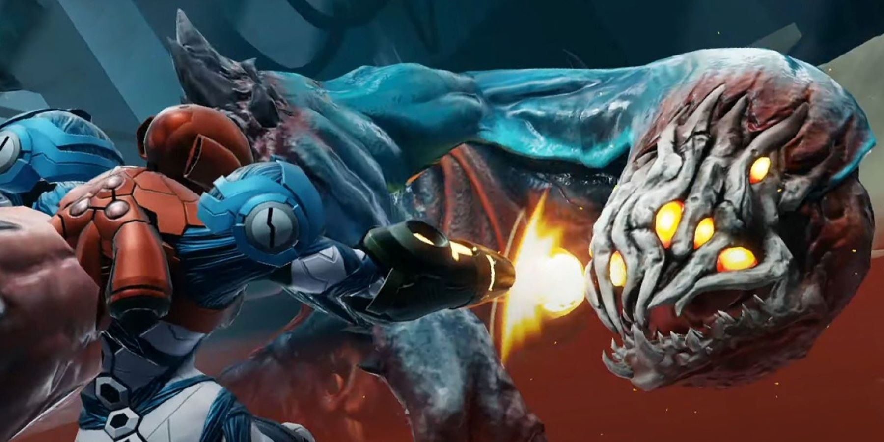 Samus Aran firing at an approaching monster in Metroid Dread