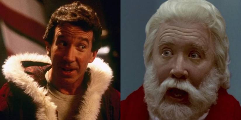 A split image depicts Tim Allen as Scott Calvin before and after his transformation in The Santa Clause
