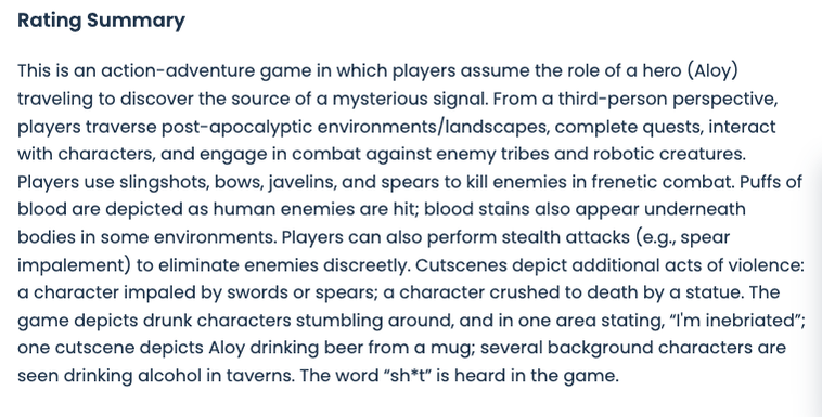 Horizon Forbidden West Rating Summary