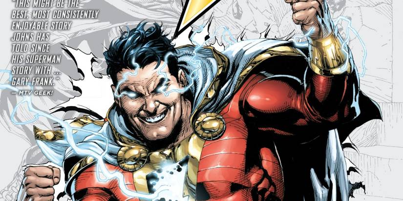 Shazam bursting through the page in Shazam! New 52