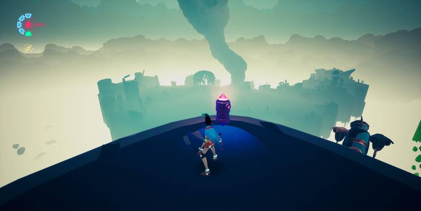 Rei looking at a glowing cache on the edge of a ship that's pointed toward another island in the distance 