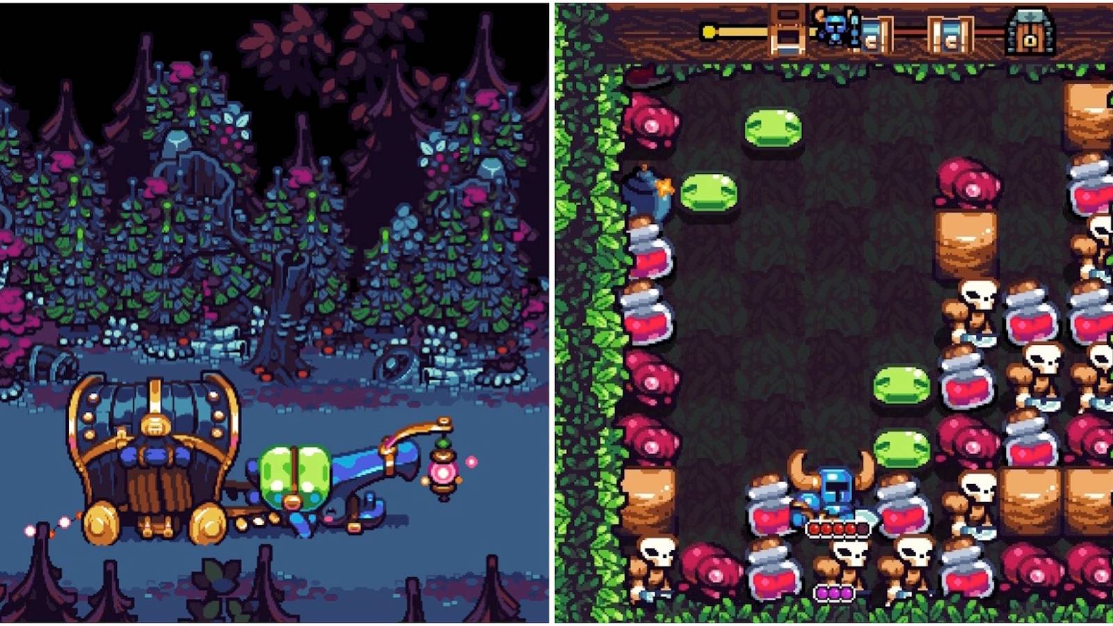 The opening cutscene and playing a level in Shovel Knight Pocket Dungeon